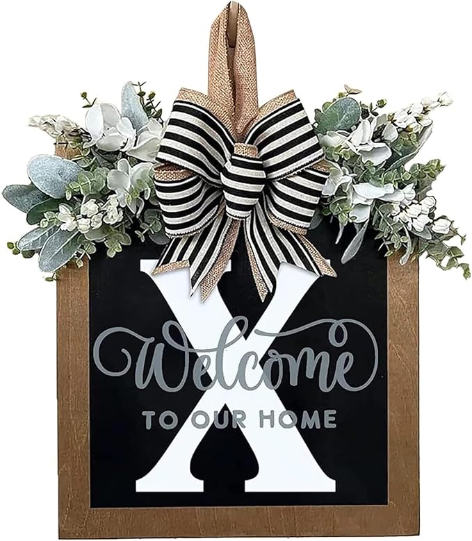 Last Name Front Porch Decor,Welcome Sign Front Door Wreath,Porch Decorations Outdoor,26 Letter Wreaths Front Door Hanging,Spring Wreaths for Front Door,Front Door Wreaths for All Seasons Monogram (X)