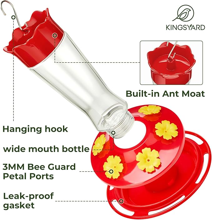 Kingsyard Glass Hummingbird Feeder for Outdoors Hanging - 6 Bee Guard Feeding Ports & Built-in Ant Moat, Wild Bird Feeder for Outside Garden Yard Patio 14 Oz, Updated Red