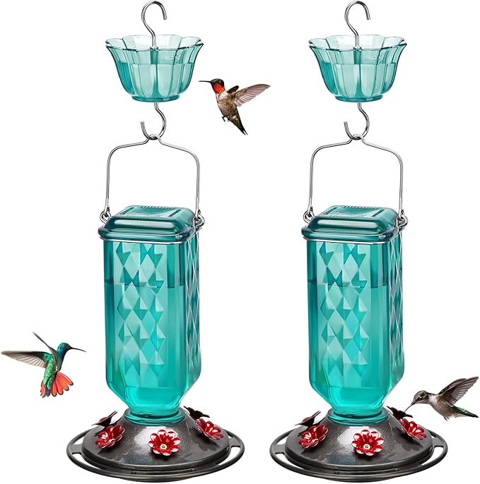 Kingsyard 2 Pack Glass Hummingbird Feeder for Outdoor Hanging, 24 Ounces, 6 Feeding Ports, Bird Nectar Feeder for Garden Décor, Ant Moat Included, Turquoise