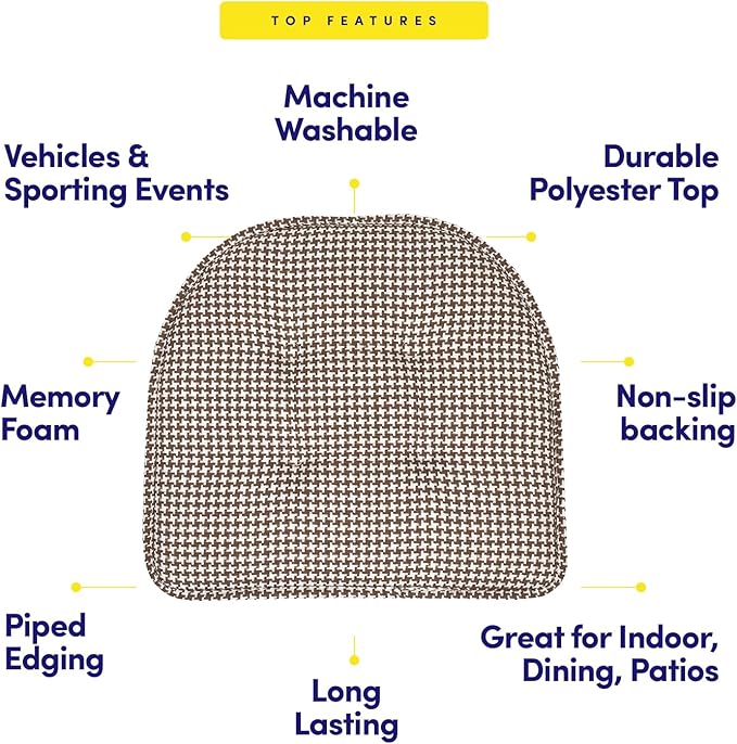 Sweet Home Collection Chair Cushion Memory Foam Pads Tufted Slip Non Skid Rubber Back U-Shaped 17" x 16" Seat Cover, 4 Count (Pack of 1), Houndsooth Brown