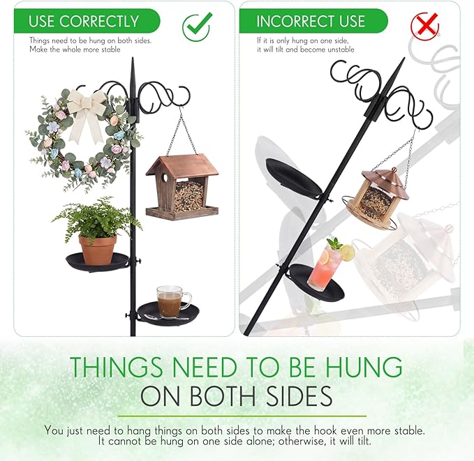 2 Sets 75.9" Shepherd's Hook Stand for Bird Feeder, Hanging Plant, Wind Chime, Waterproof Metal & Adjustable Standing Pole Holder for Indoor Outdoor, with 2 Rack & Weight Bag (4 Hooks)