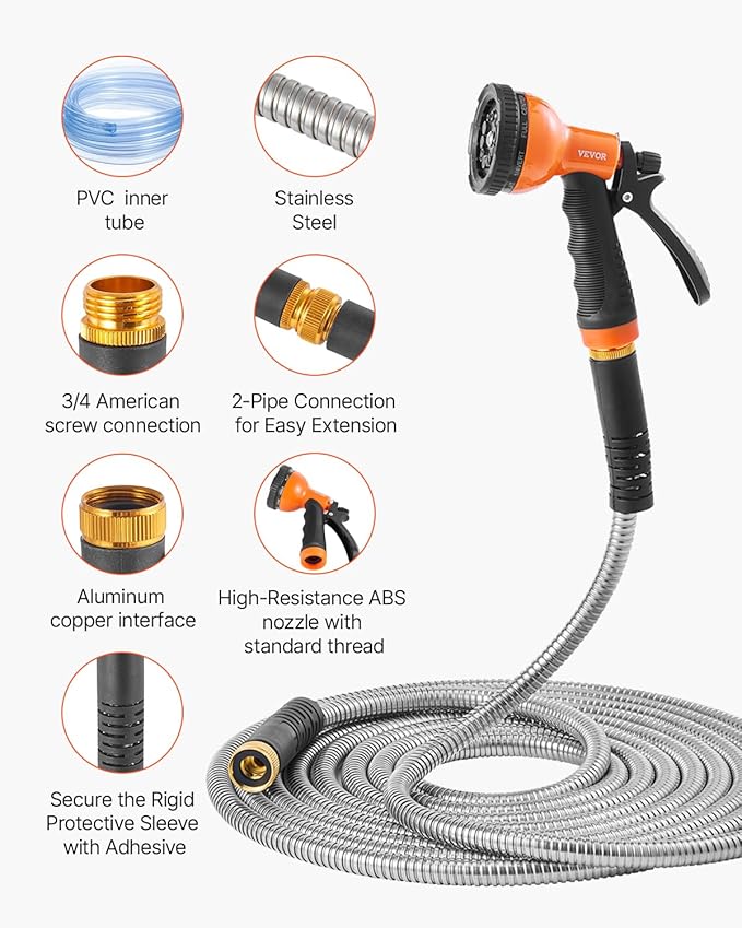 VEVOR Garden Hose Metal 150 ft, Rust Proof Stainless Steel Water Hose, Heavy Duty Backyard Hose with 10 Function Nozzle, No-Kink & Flexible Water Pipe, Lightweight Metal Hose for Yard, Outdoor