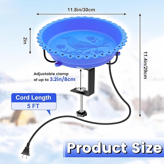 Heated Bird Bath for Outdoors, Upgraded 100W Thermostatically Controlled Heated Bird Baths for Deck Railing Large Capacity Heated Birdbath for Outside Winter Garden Yard Patio Lawn (Blue)