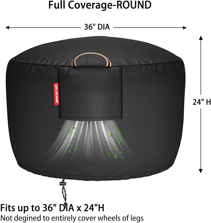 [2026 Upgraded 900D Fabric] Fire Pit Cover Round for 33-36 inch Fire Pit, 900D Heavy Duty Waterproof Fabric with Air Vent, Handle & Tightening Drawstring, 36"Dia x 24"H -Black