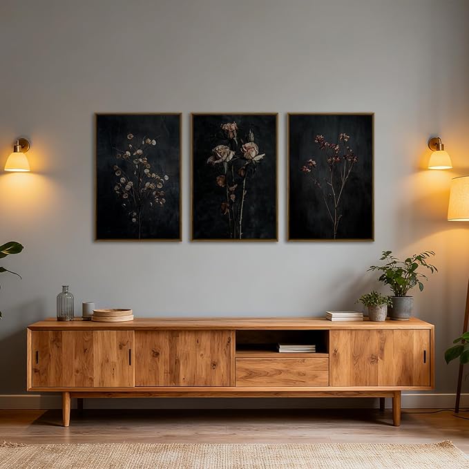 QTUSYUR Dark Dried Wildflower Wall Art - Large Farmed Floral Botanical Art Print - Farmhouse Flower Canvas Artwork for Bedroom Living Room- Modern Minimalist Wall Pictures for Home Decor 16”×24”×3
