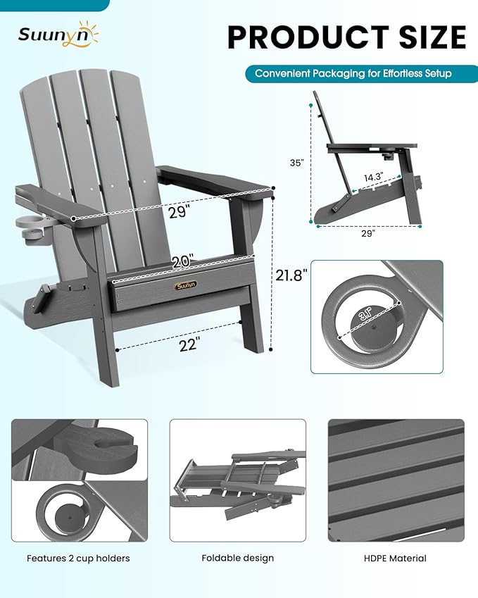 Folding Adirondack Chair 4 Pack, HDPE All-Weather Fire Pit Chairs, Plastic Adirondack Chairs with 2 Cup Holder, Outdoor Lawn Chair for Patio Garden (Grey)