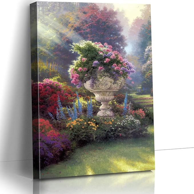 STUDIO HAVEN Thomas Kinkade Canvas Wall Art, Elaborate Stone Planter Overflowing Blooms Sunlit Meadows Oil Painting Poster Lush Floral Wall Decor, Framed Prints for Home Decor, 28x40Inch