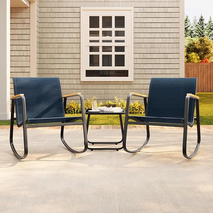 Aiho 3 Piece Rocking Bistro Set, Textilene Fabric Patio Furniture Set, Front Porch Rocker Chairs with Coffee Table for Lawn, Garden, Balcony, Poolside (Blue)