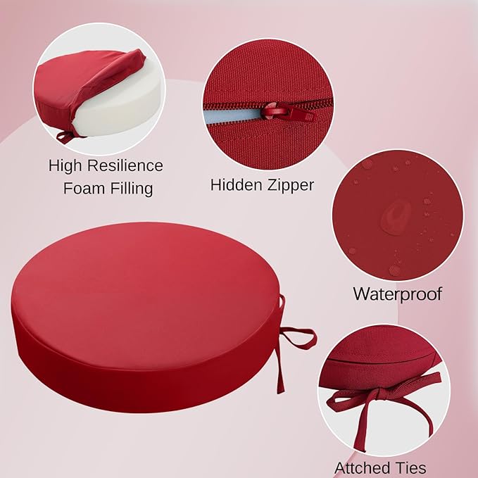 idee-home Outdoor Bistro Chair Cushions, 15”x15”x 3” Thick Outdoor Round Seat Cushions Set of 2 with Ties, Waterproof Round Patio Furniture for Garden
