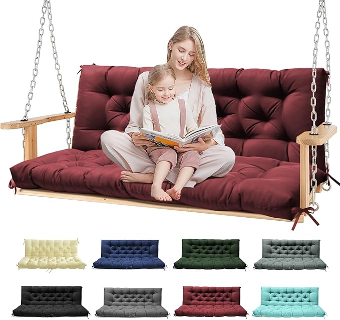 Porch Swing Cushions, Patio Swing Cushions Waterproof for Outdoor Furniture Thickened Outdoor Swing Bench Cushions 2-3 Seater Replacement with Ties for Patio Swing (Red, 60x40 in)