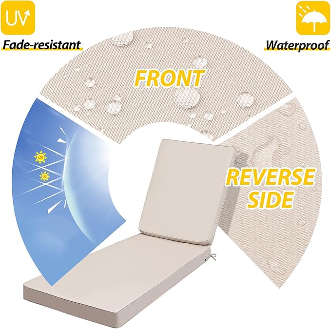 AAAAAcessories Outdoor Chaise Lounge Cushions, Fade-Resistant, Waterproof Patio Furniture Replacement Cushions, 72" x 21" x 3", Sandstone Beige