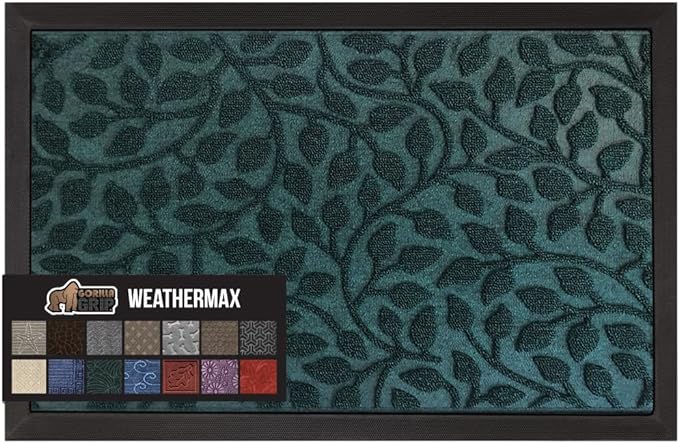 GORILLA GRIP 100% Waterproof All-Season WeatherMax Doormat, 47x35, US Designed Natural Rubber, Stain and Fade Resistant, Low Profile Indoor Outdoor Door Mats, Easy Clean Patio Mat, Moss Vine Leaves