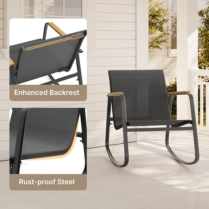 Aiho 3 Piece Rocking Bistro Set, Textilene Fabric Patio Furniture Set, Front Porch Rocker Chairs with Coffee Table for Lawn, Garden, Balcony, Poolside (Black)