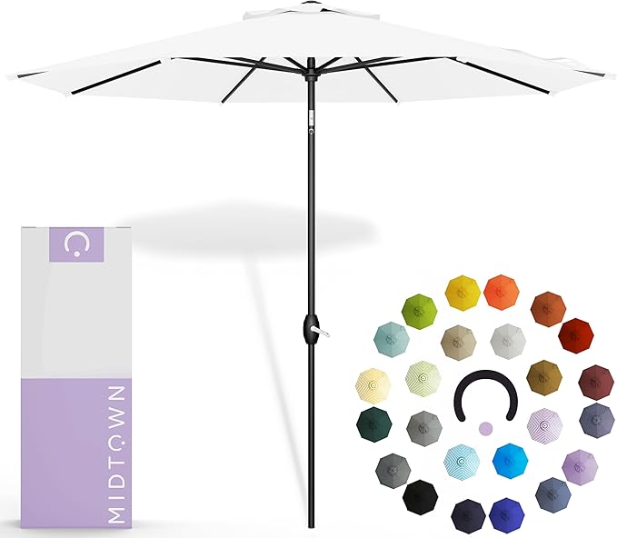 Midtown Umbrellas - 10-Year-No-Fade 6 Ft Patio Umbrella with Terylast Fabric, Auto-Tilt Aluminum Frame and 8 Reinforced Ribs for Deck, Pool, Garden & Beach - Ivory White Canopy, Black Pole