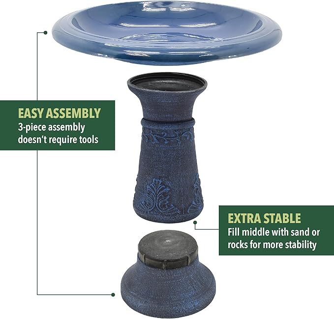 Arcadia Garden Products Fiberclay Bird Bath Outdoor Garden Decor, Antique Vintage Weather Resistant Water Bowl for Backyard and Patio and, 20-inch Tall, Blue