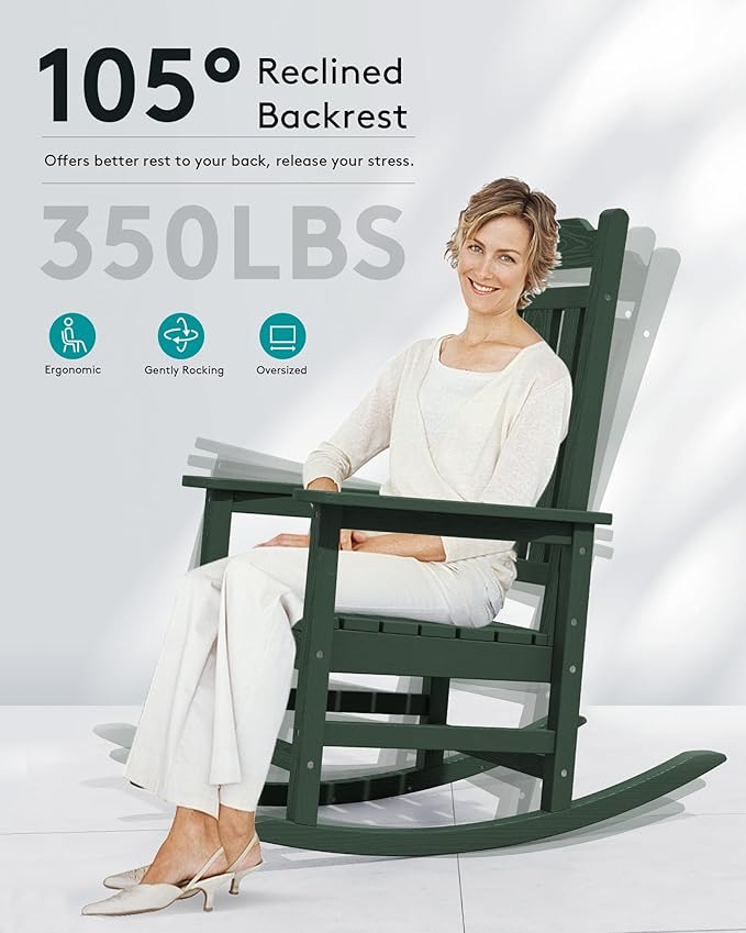 SERWALL Outdoor Rocking Chair Set of 2, Patio Rocking Chairs Set, HDPE Rocking Chair Outdoor for Adults, Heavy Duty Front Porch Rocker, Green