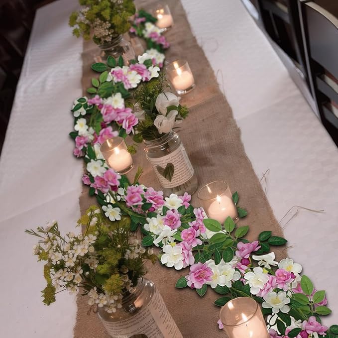 2 Pcs Artificial Flowers Garland for Outdoors Faux Gardenia Garland 12Ft Purple and White Silk Rose Hanging Vines Floral for Wedding Arch Party Wall Garden Ceremony Backdrop Fence Spring Decor