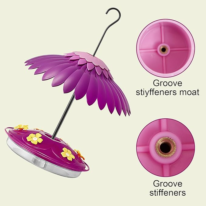 Hummingbird Bird Feeders for Outdoors Hanging, Bird Feeder Cover Built-in Moat Weather Protective Rain Guard 16Oz Hummingbird Nectar Feeder with 6 Ports and 14 Inche Dome Baffle Kit(Purple)