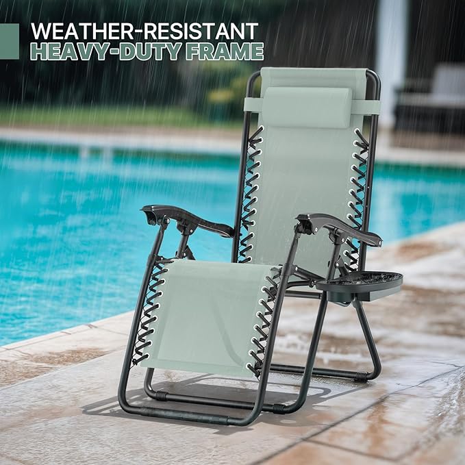 Magshion Zero Gravity Lounge Chairs Set of 2, Outdoor Patio Reclining Chair with Side Tray, Adjustable Anti-Gravity Recliners with Pillow Headrest, Folding Lounger for Lawn Camping Beach, Sage Green