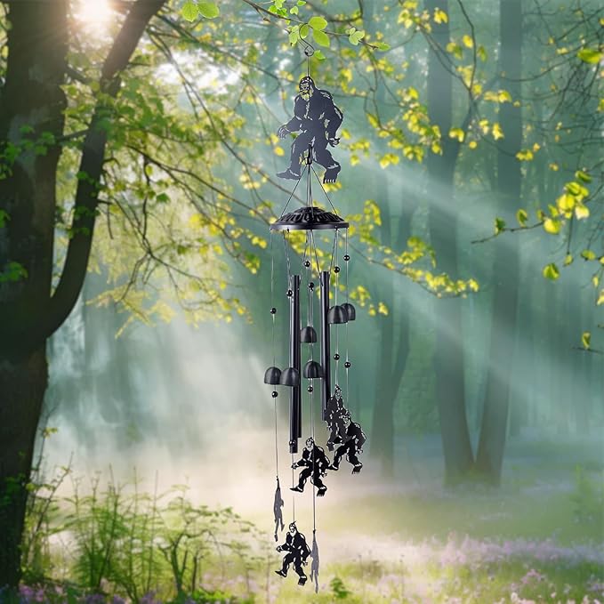 Bigfoot Gifts for Men and Women, Metal Bigfoot Wind Chimes with 6 Chimes and 4 Aluminium Tubes, Sasquatch Gifts for Outside Home Lawn Porch Patio Garden Decor, Yard Decoration(Black)