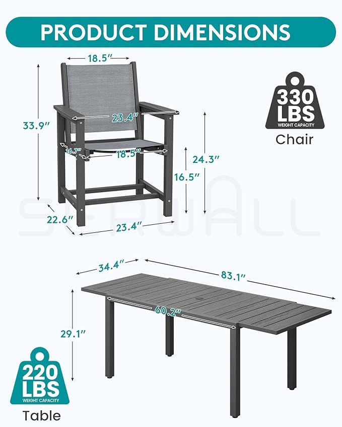 SERWALL 5-Piece Outdoor Table and Chairs, 60" - 83" Expandable Outdoor Dining Table with 4 Breathable Textilene Chairs, All Weather HDPE Patio Furniture Set for Backyard, Garden, Grey