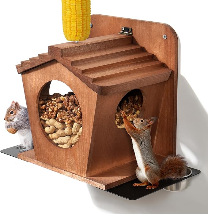Wood Squirrel Feeder, Durable Hanging Squirrel Boxes for Outside Large Capacity Outdoor Squirrel House for Corn Cobs, Peanuts & Nuts - Funny Feeding Station for Squirrels & Chipmunks