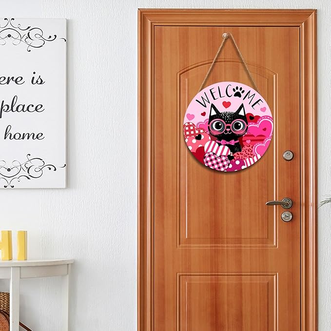 Welcome Valentine's Day Black Cat Door Sign For Front Door Decor,Pink Love Heart Wooden Sign 12"x 12" Round Wood Hanging Door Sign Anniversary Wedding Decoration for Wall Rustic Decor