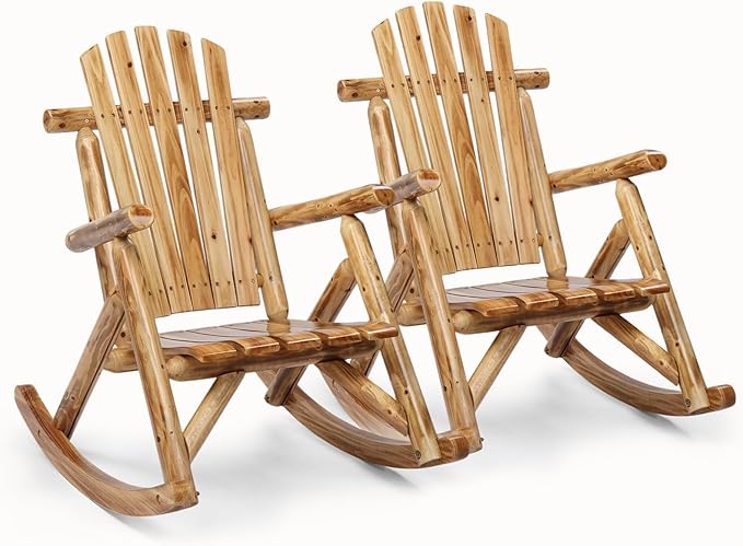 Outvita Wooden Rocking Chair Set of 2, Fir Log Adirondack Rocker, Outdoor Wood Accent Furniture Lounge Chairs for Garden Patio Backyard Porch (Light carbonized)