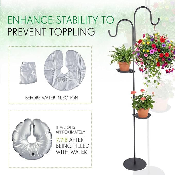 1 Set 75.9" Shepherd's Hook Stand for Hanging Plant, Bird Feeder, Waterproof Metal & Adjustable Standing Pole Holder for Indoor Outdoor, with 2 Rotatable Rack & Weight Bag (Classic 2 Hooks)