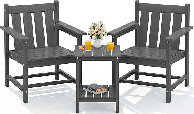 SEWRWALL 3 Pieces Patio Bistro Set, All Weather Adirondack Chair Set with Side Table, HDPE Material Outdoor Patio Furniture Set for Balcony, Porch, Garden, Backyard- Gray