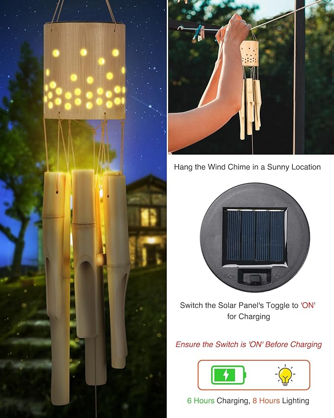 Bamboo Wind Chimes for Outside with Solar Accent Light, Outdoor Wooden Wind Chimes, 6 Bamboo Tubes, Deep Tone, Perfect for Patio, Garden, Porch, and Balcony Decor