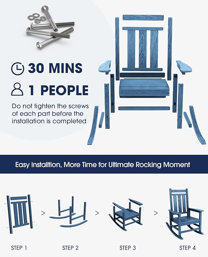 KINGYES Oversized Outdoor Rocking Chair Set of 2, All-Weather Patio Rocking Chairs for Porch, HDPE Outdoor Patio Rockers with High Back & Wide Seat for Garden, Lawn, Blue