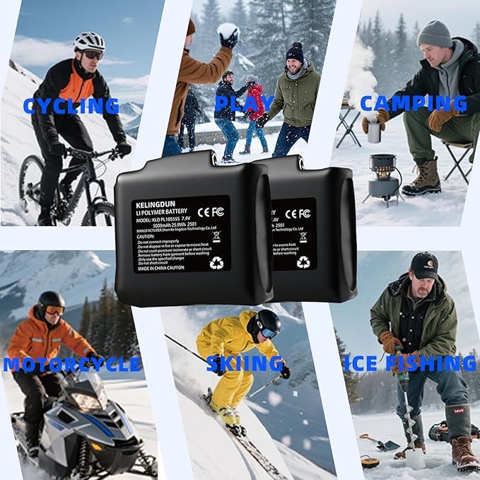 2pcs 5000mAh 7.4V Lithium Polymer Batteries.Rechargeable Li-Polymer Batteries for Heated Gloves, Socks,and Jackets, Ideal for Skiing,Fishing,and Winter Sports. Female DC Jack Compatibility.