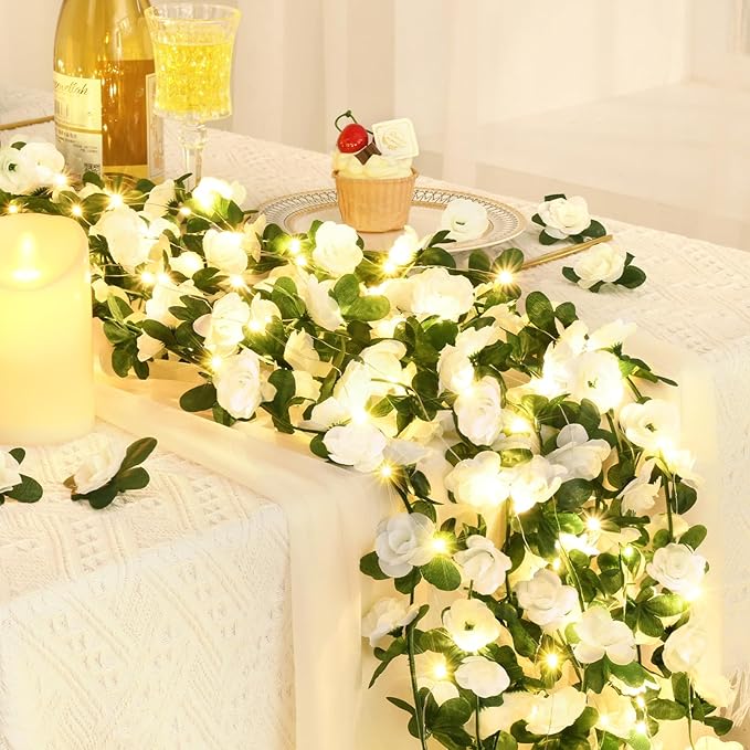 BLEUM CADE 5Pcs 41Ft Flower Garland Artificial Rose Vines with 32.8Ft String Lights, Cute Fake Hanging Flower Vines Floral Garland Decorations for Wedding Party Wall Room Decor Aesthetic
