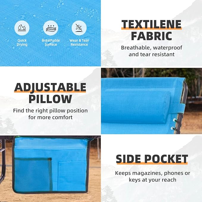 Patio Lounge Chair Folding Chaise Bed - Heavy-Duty 400lb Capacity Portable Adjustable Recliner w/Pillow for Pool, Camping, Sunbathing - Lay Flat Design (Light Blue)