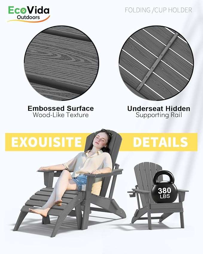 3-Piece Folding Adirondack Chair Set - 38" Extra Tall Back & Embossed Wood Grain, Oversized HDPE Patio Furniture with Side Table & Cup Holders, 380lb Heavy Duty,Grey