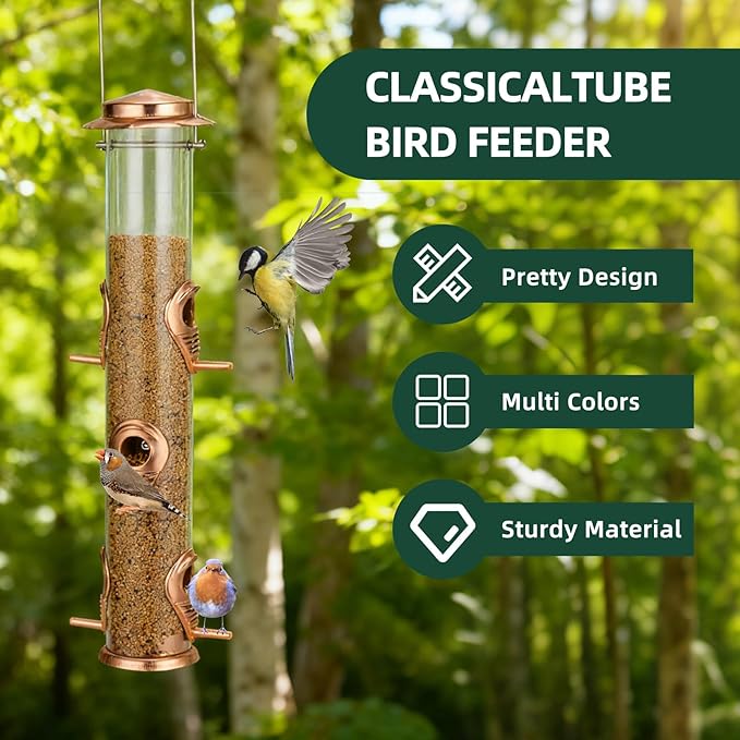 ERYTLLY Metal Bird Feeders 6 Port Tube Bird Feeder for Wild Birds, 1.4mm Extra Thick Solid Tube Transparent with Steel Hanger Squirrel Proof for Outside