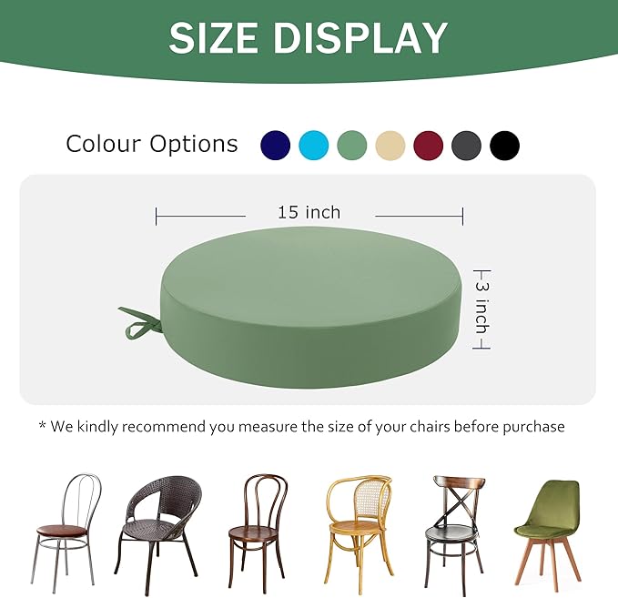 Outdoor Bistro Chair Cushions Set of 2, 15" D x 3" H Round Chair Cushions Waterproof and Fade Resistant Chair Cushion Pads with Non-Slip Ties and Removable Covers for Garden, Sage Green