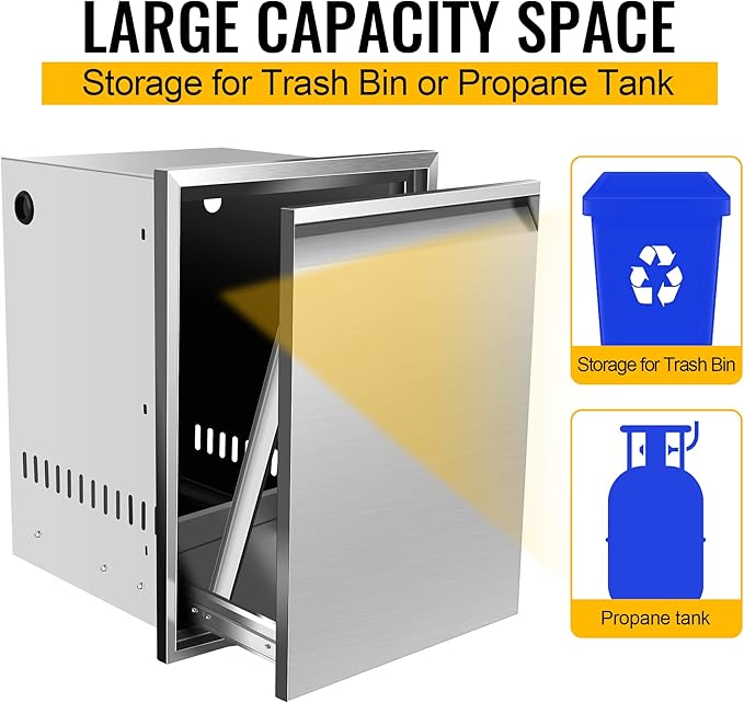 Built-in Single Trash Drawer 17'' W x 23'' H x 16'' D, Pull-Out Tray Outdoor Kitchen Stainless Steel with Handle Storage Bins or Propane Tank for BBQ Island Grill Station