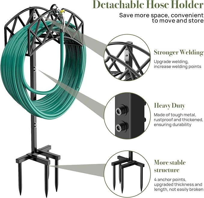 Garden Hose Holder Detachable Heavy Duty Metal Water Hose Hanger, Freestanding Hose Storage Stand Rack for Outside (Black)