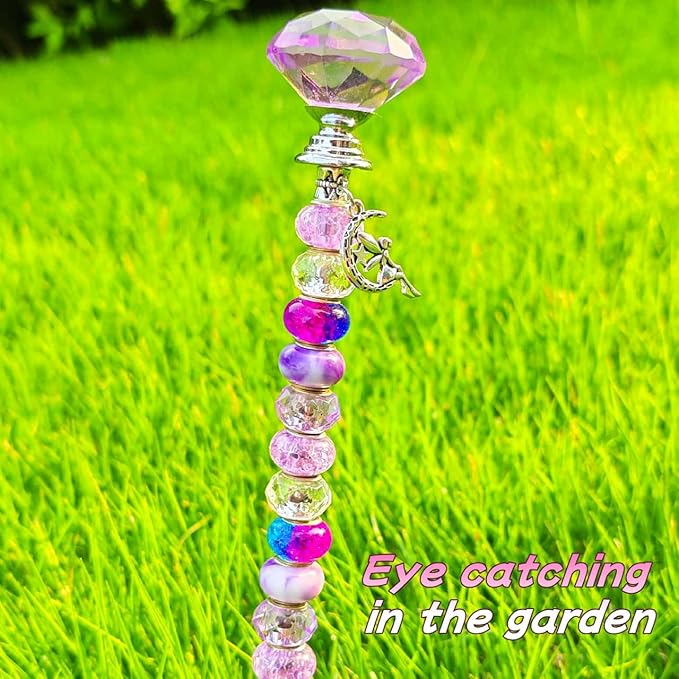 72Pcs DIY Fairy Wand Beaded Garden Stakes Kit Fairy Wands Kit for Different Festivals Fairy Garden Accessories Outdoor Fairy Garden Stakes Decorative, Diamond-(Purple+Lake Blue+Pink)