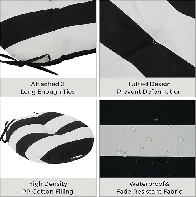 Bistro Chair Cushions 15 inch,Set of 2,Tufted Round Chair Cushions with Ties,15"x15"x4",Water Resistant Round Seat Cushion for Barstool Chairs,Patio Garden Kitchen Outdoor Furniture(Black White)