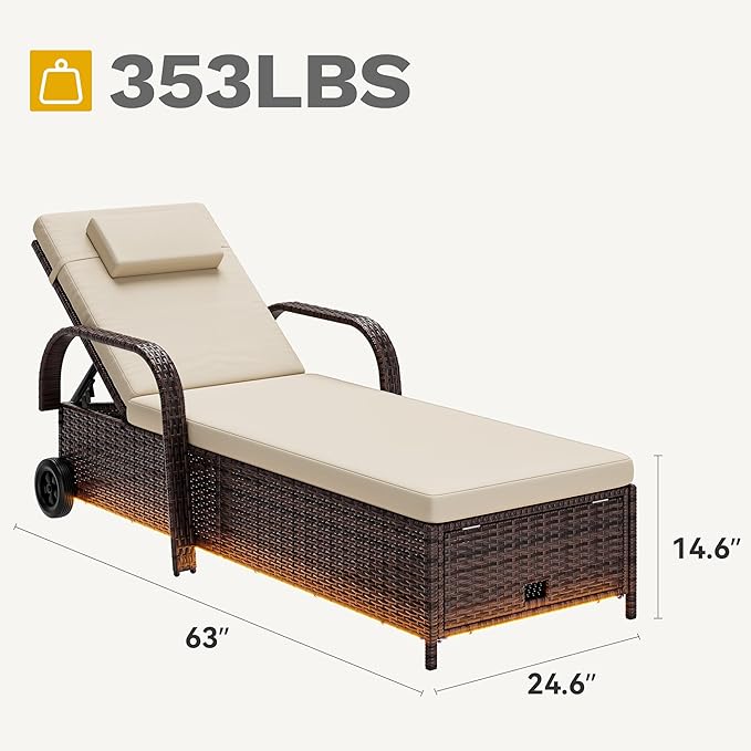 DWVO LED Outdoor Lounge Chairs, Patio Wicker Chaise Lounge Chair with LED Lights & 5-Level Backrest, Wheels and Storage for Deck, Pool, Backyard, Brown & Beige