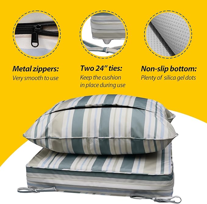 AAAAAcessories Outdoor Seat Cushions for Chairs, Fade-Resistant, Waterproof Patio Furniture Replacement Cushions, 21" x 21" x 3" + 21" x 17", Slate Gray Blue Coastal Stripe