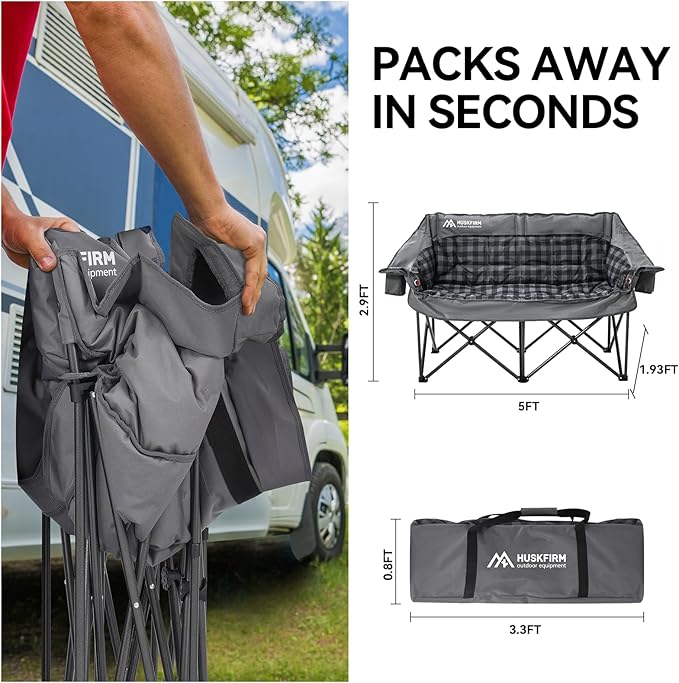 Heated Double Camping Chair, Oversized Camping Loveseat with 4 Heating Zones and 3 Temperature Settings, Portable Heated Double Chair for Outdoor Use（Battery Not Included）