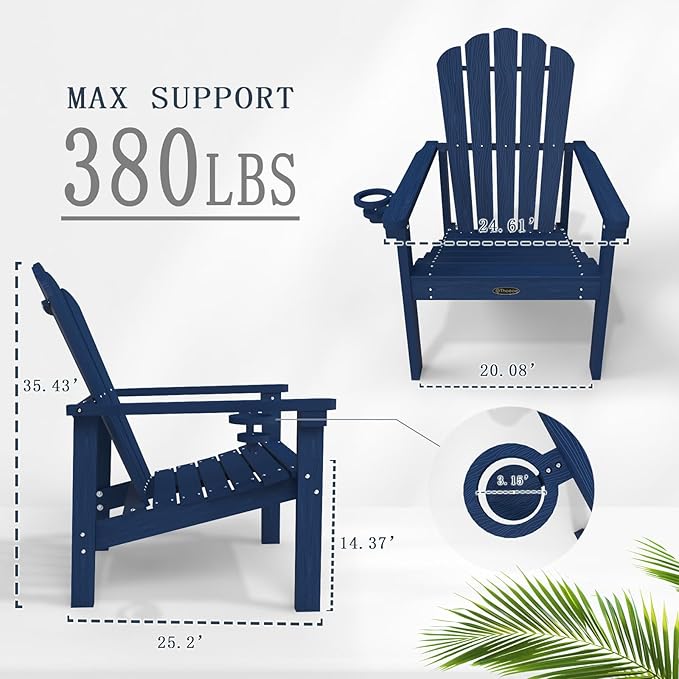 Stackable Adirondack Chair Set of 2, HDPE All-Weather Adirondack Chairs - Durable and Space Saving, Plastic Outdoor Fire Pit Chairs with Cup Holder,Navy Blue