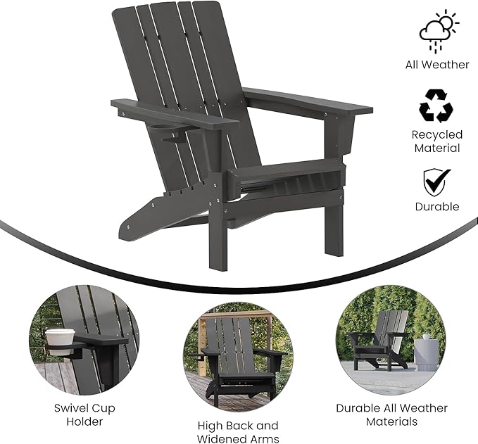 Flash Furniture Halifax Adirondack Chairs with Cup Holders, Weather Resistant Poly Resin Adirondack Chairs, Set of 2, Gray