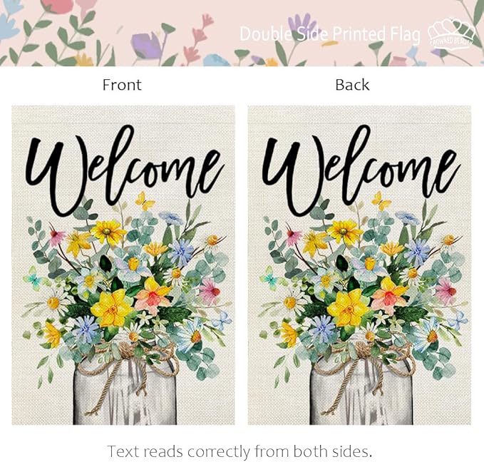 CROWNED BEAUTY Spring Floral House Flag Mason Jar 28x40 Inch Double Sided Large Burlap Holiday Flag for Outside Yard Welcome CF1377-40