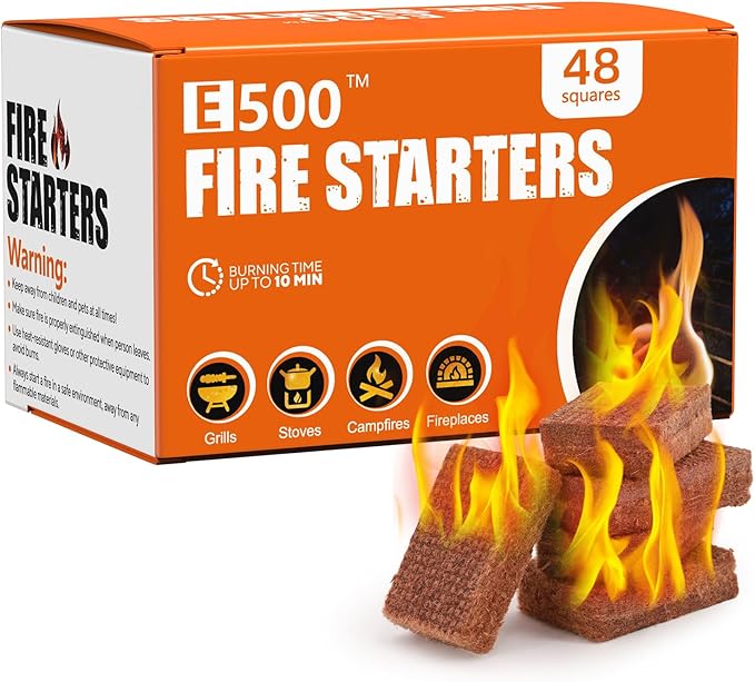 E500 Fire Starter - Natural Fire Starters for Fireplace, Campfires, Chimney, BBQ, Fire Pit & Wood Fireplace - 48 Count Pine Firestarter Squares