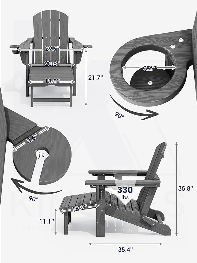 KINGYES Folding Adjustable Adirondack Chair with Ottoman & 2 Cup Holders Set of 4, HDPE Adirondack Recliner Chair with Footrest, Grey